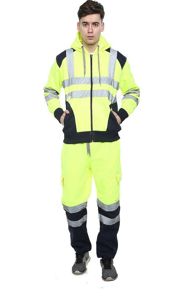 Men Hi Vis Visibility Reflective Safety Work Wear Hoodie Tops Jogging Bottom - Comfort Style