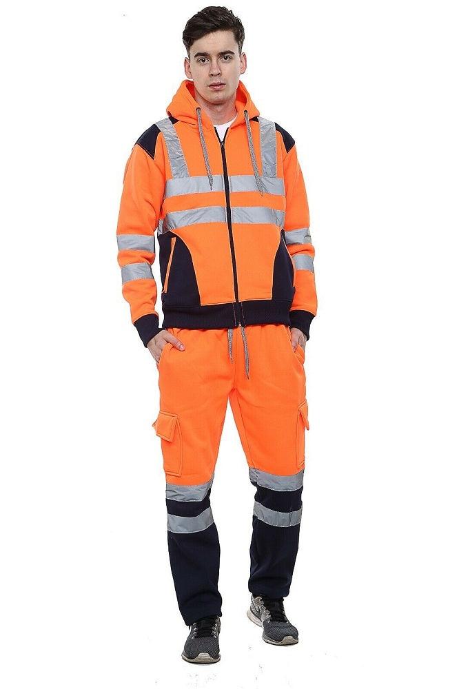 Men Hi Vis Visibility Reflective Safety Work Wear Hoodie Tops Jogging Bottom - Comfort Style